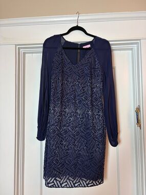 Lilly Pulitzer Navy Beaded Long-Sleeve Shift Dress